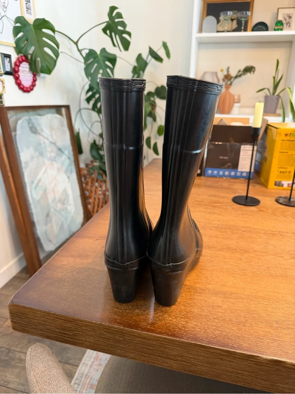 Hunter Black Gloss Mid-Calf Rain Boots with Logo